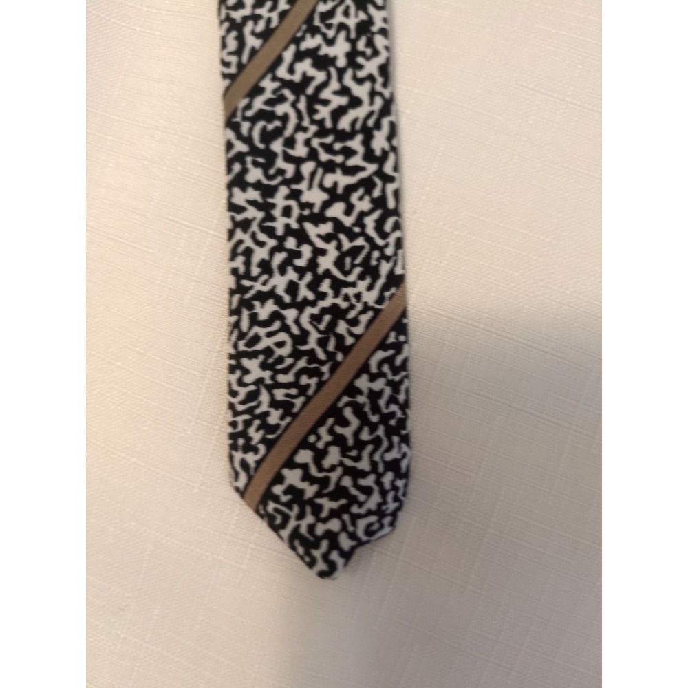 Italian All Silk Handmade Black & White Print With Tan Stripes Necktie